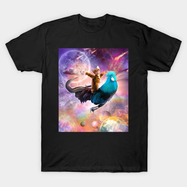 Galaxy Space Cat Riding Chicken - Rainbow T-Shirt by Random Galaxy